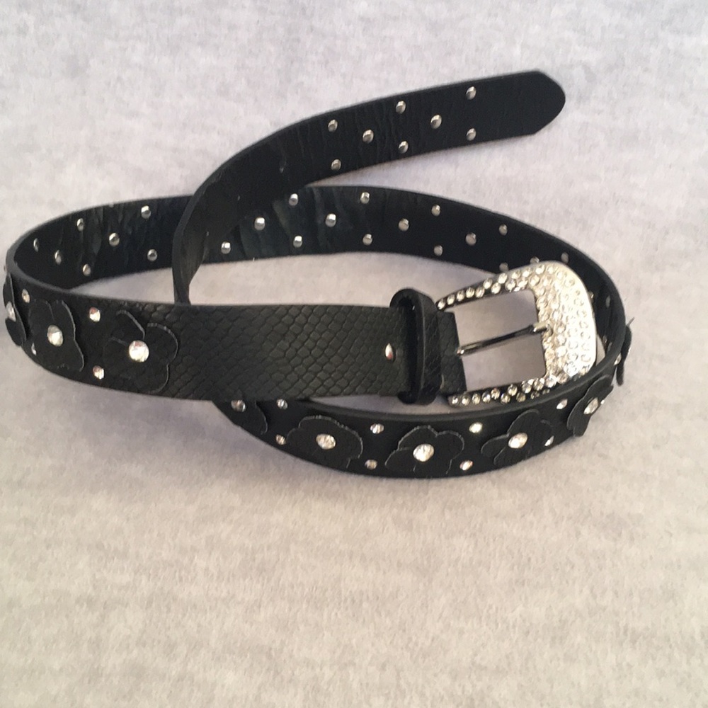 Leather Belt with Very Shiny Rhinestones and Silver & Shiny Rhinestone Buckle
